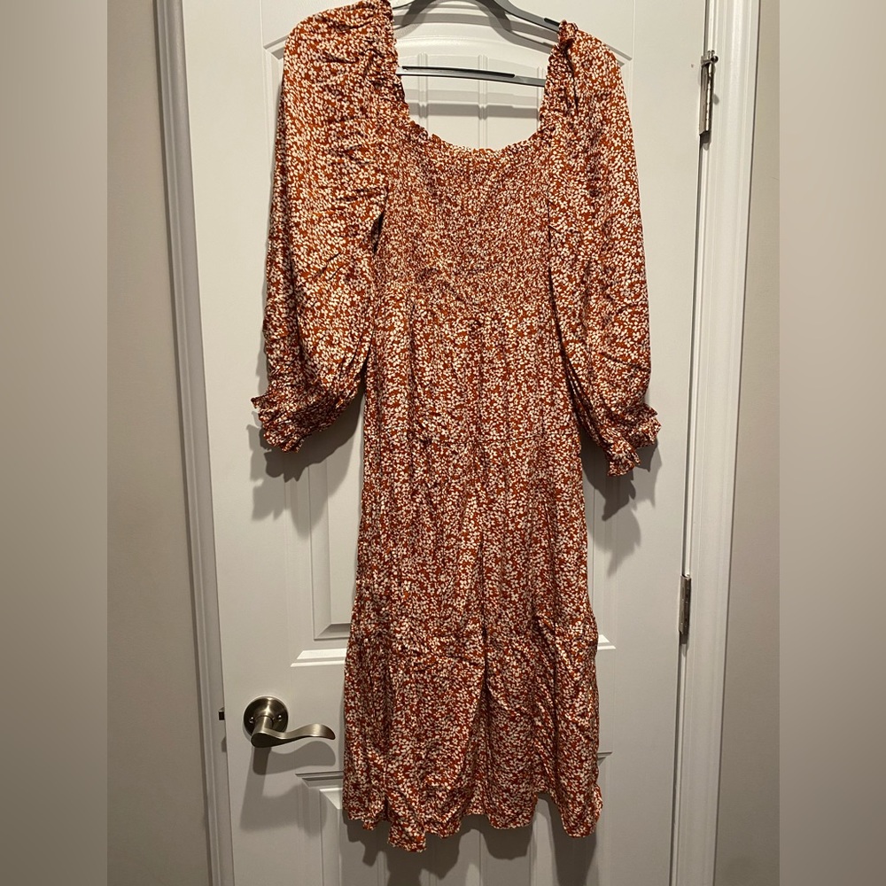 Mittoshop burnt orange floral long sleeve midi dress NWT
